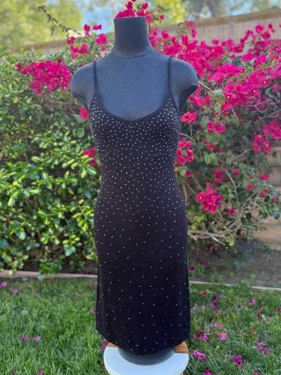 Papell Boutique Black Hand Crocheted Midi Dress with Silver Bead Accents - Picture 2 of 8